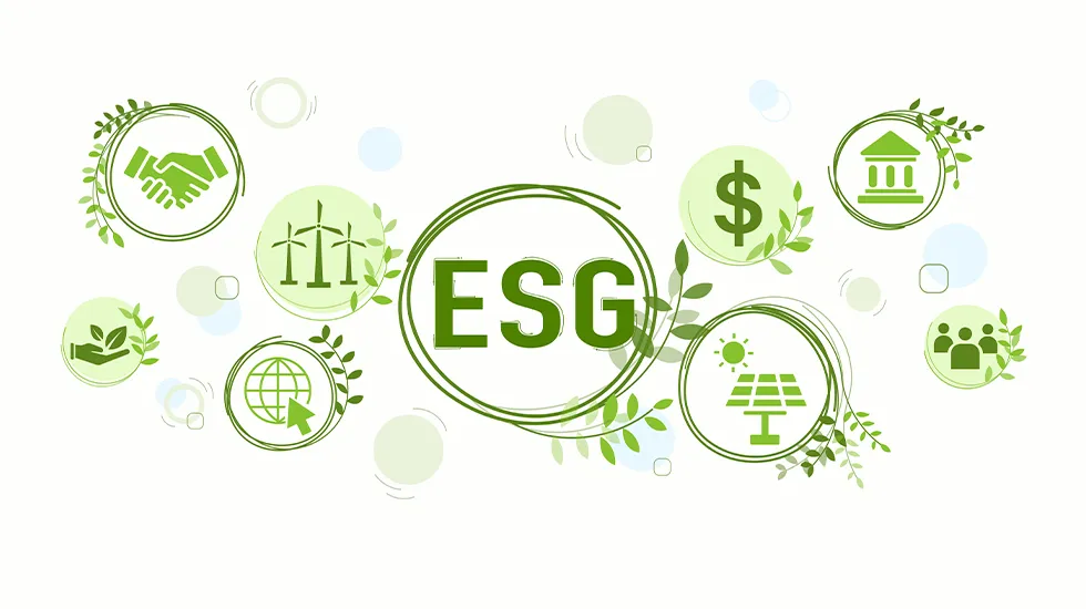 Floating green bubbles holding icons for Enironmental, Social and Governance principles